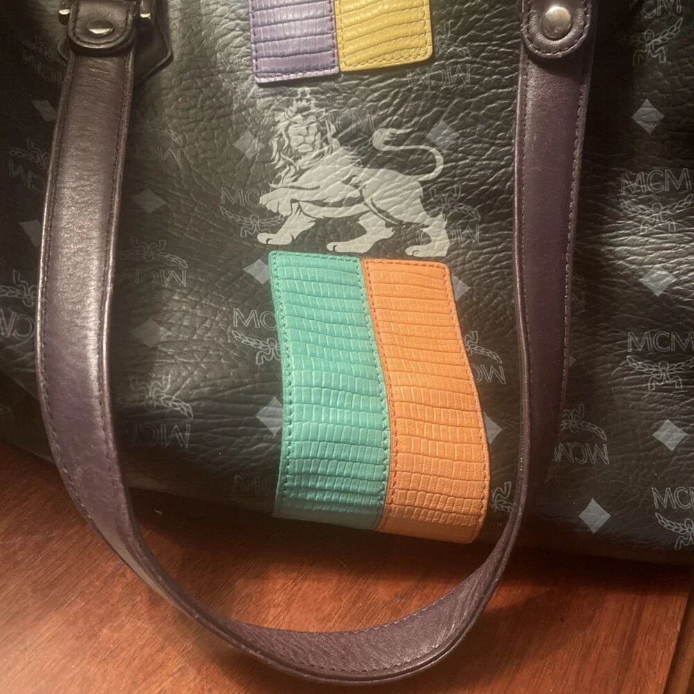 MCM Black Coated Canvas Lion Stripe Tote Bag X Large Designer Handbag Purse